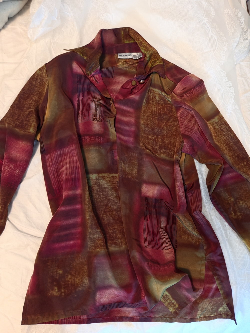 Liz Baker Burgundy and Olive Abstract Print Button-Down Shirt